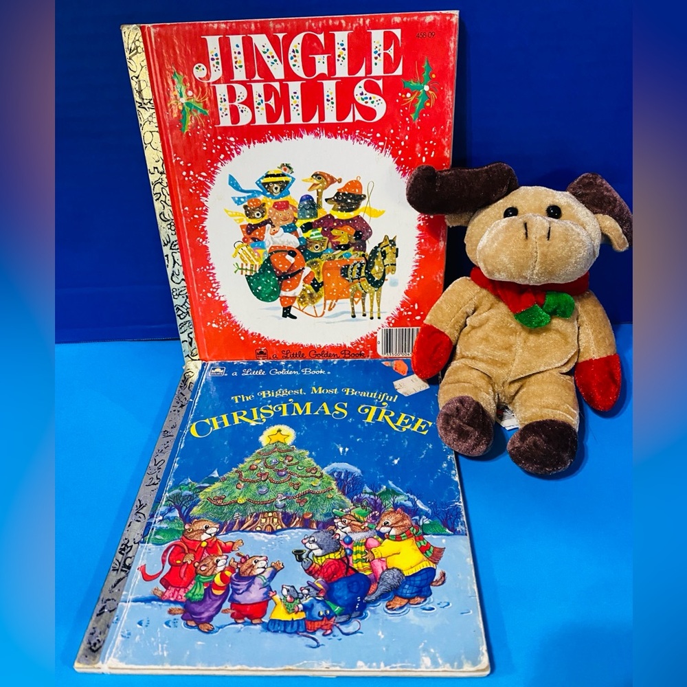 Little Golden Books Christmas Vintage Bundle w/Reindeer Plush & 2 Xmas Books
